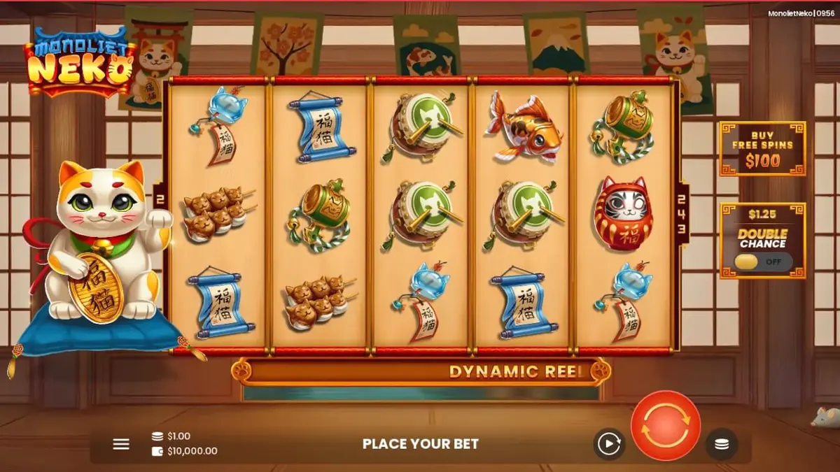 Tampilan visual slot Monoliet Neko dengan nuansa emas dan simbol Kucing Keberuntungan