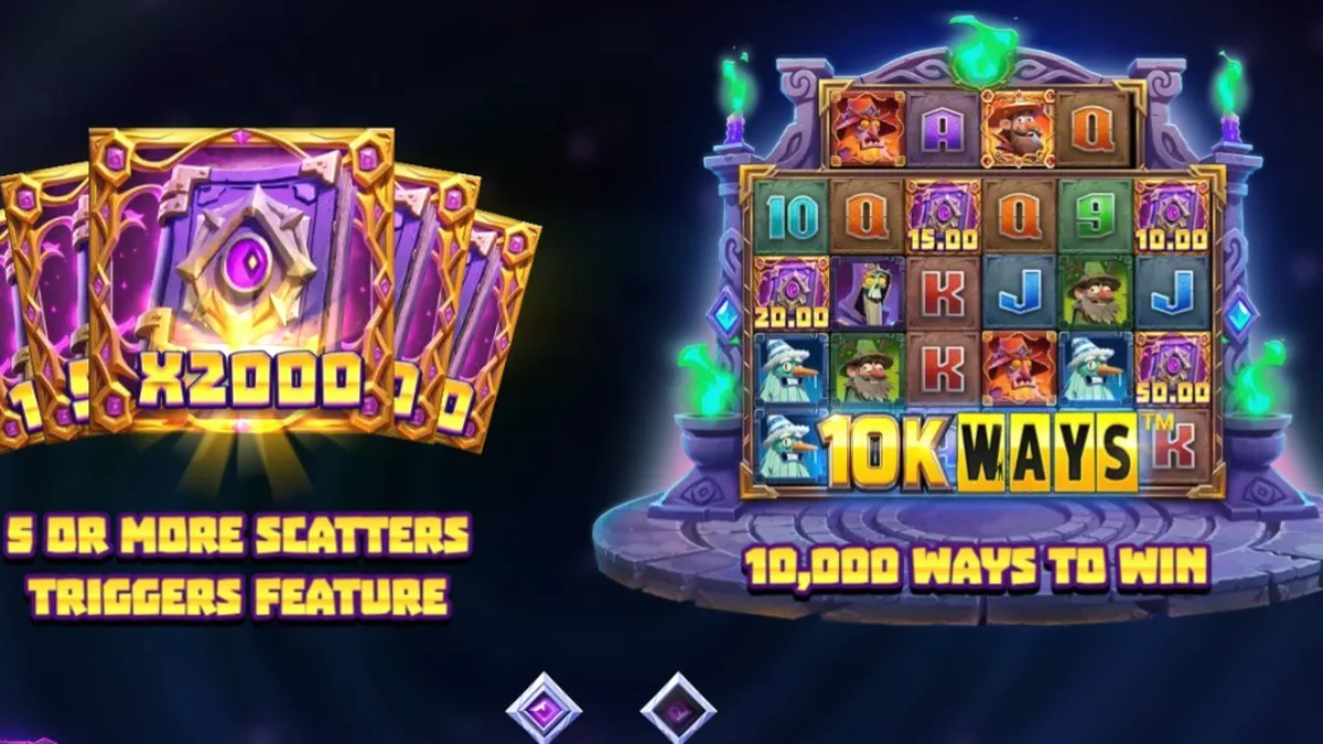 Tampilan visual slot Wizbang Brawl 10K Ways dengan tema penyihir dan duel sihir